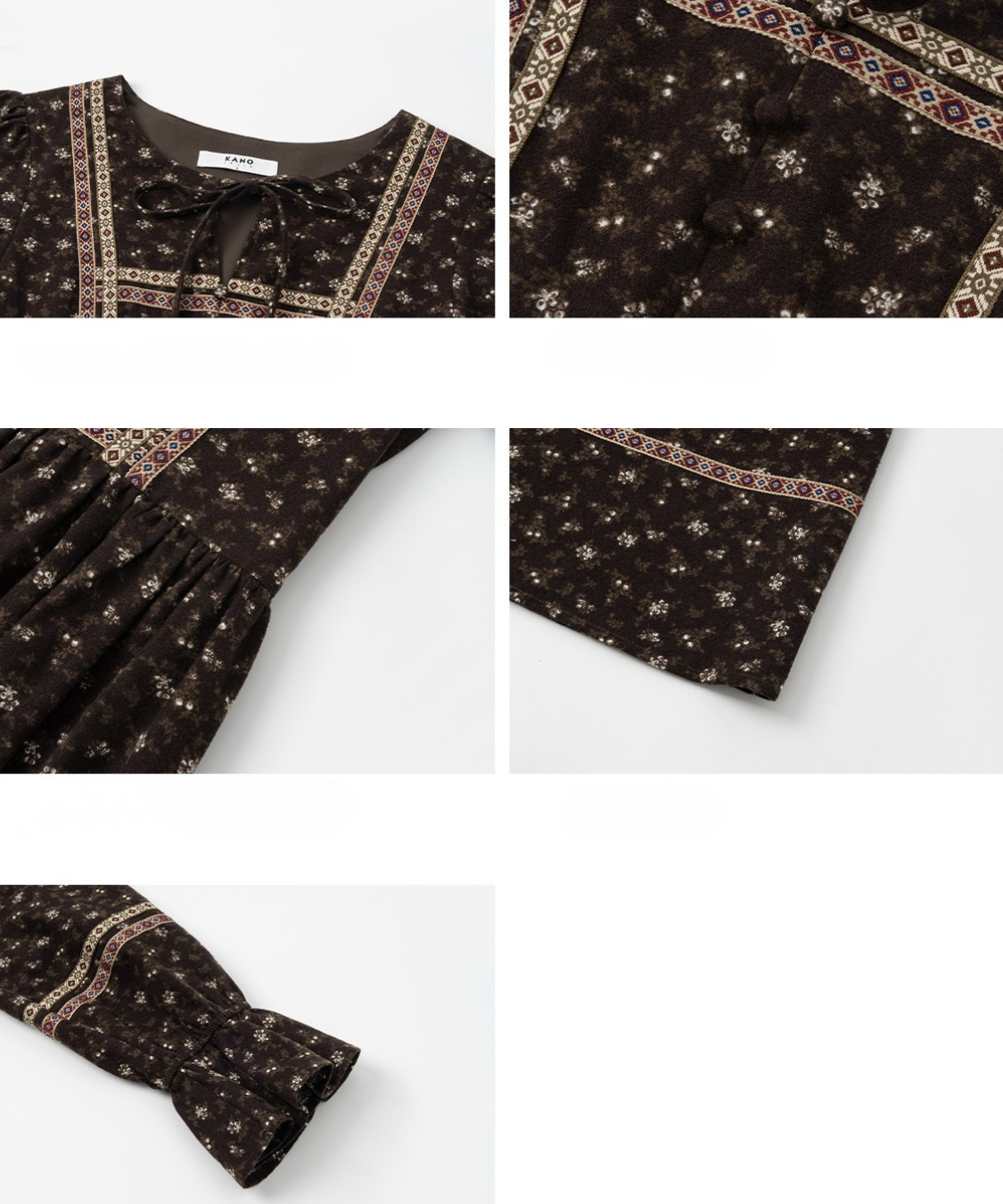 リボン付きラウンドネック民族調ワンピース