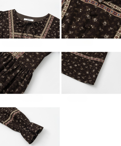 リボン付きラウンドネック民族調ワンピース