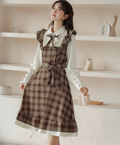 ピンタックブラウスドッキングチェック柄ワンピース