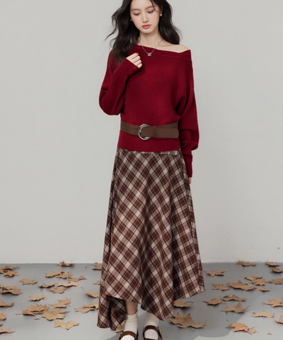 オフショルダーニット＋チェックアシンメトリースカート 2点セット