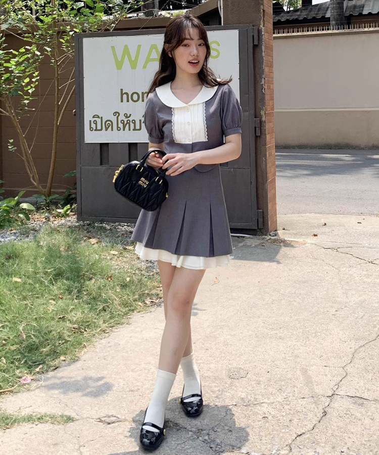 パフスリーブガーリーショートトップス+レイヤードスカート パフスリーブガーリーショートトップス+レイヤードスカート