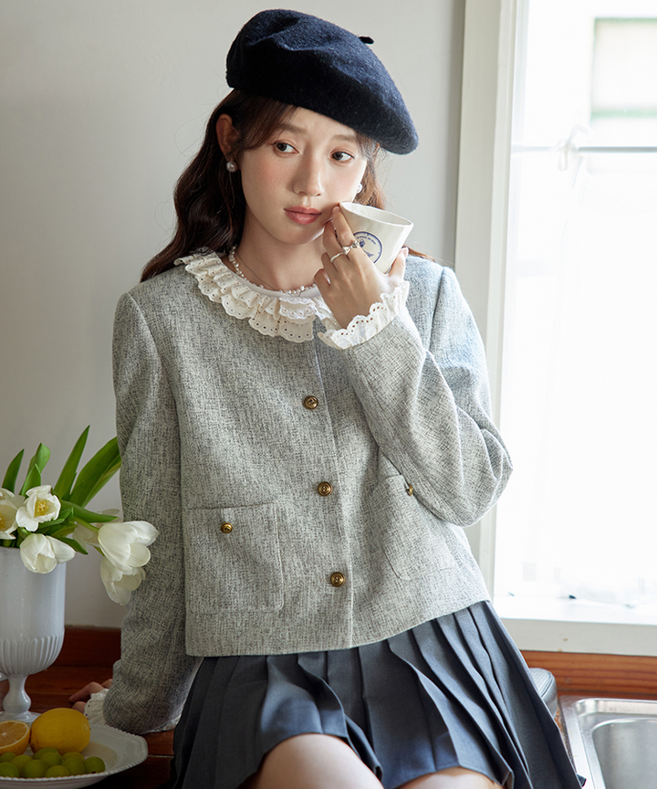 ダブルレースノーカラーツイードジャケット – jemiremi（ジェミレミ）