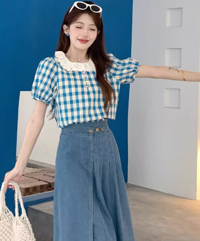 【新品未使用】HEIHEI パフスリーブフリルブラウス ギンガムチェック ブルー 新品未使用】HEIHEI パフスリーブフリルブラウス ギンガムチェック