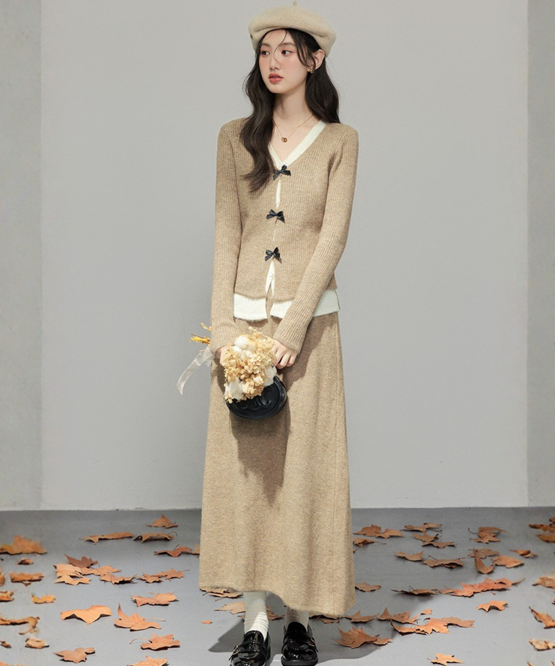 フロントリボンリブカーデ＋ロングニットスカート 2点セット
