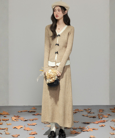 フロントリボンリブカーデ＋ロングニットスカート 2点セット