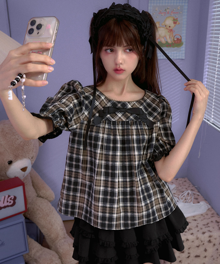ブラウンチェックガーリーリボンブラウス – jemiremi（ジェミレミ）