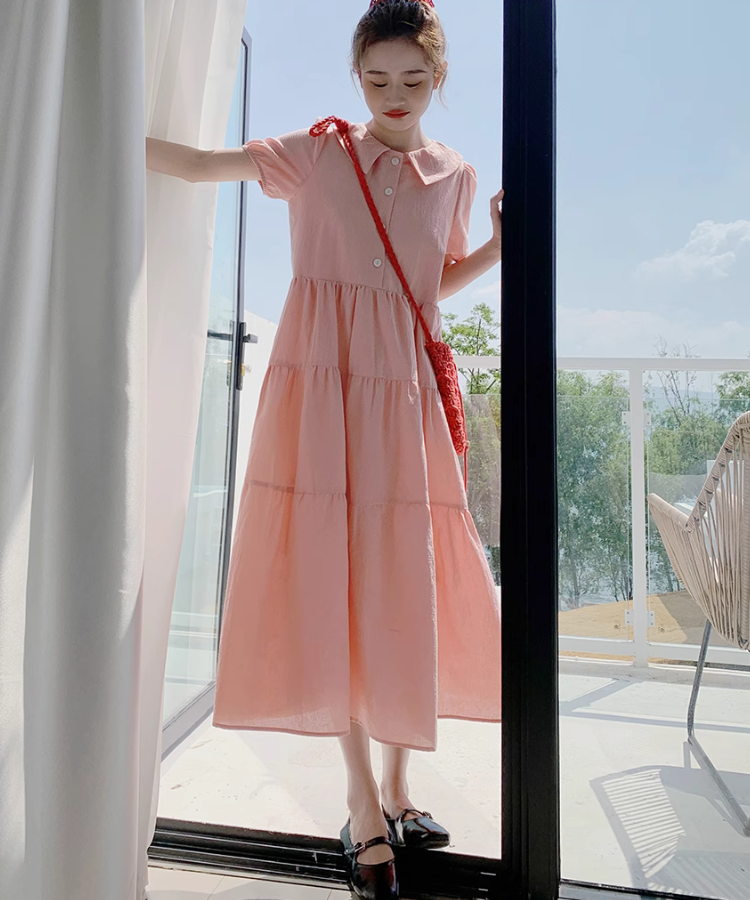 2色 ティアード ワンピース エンボス ボリューム袖 バックシャン 襟付きエンボスティアードワンピース – jemiremi（ジェミレミ）