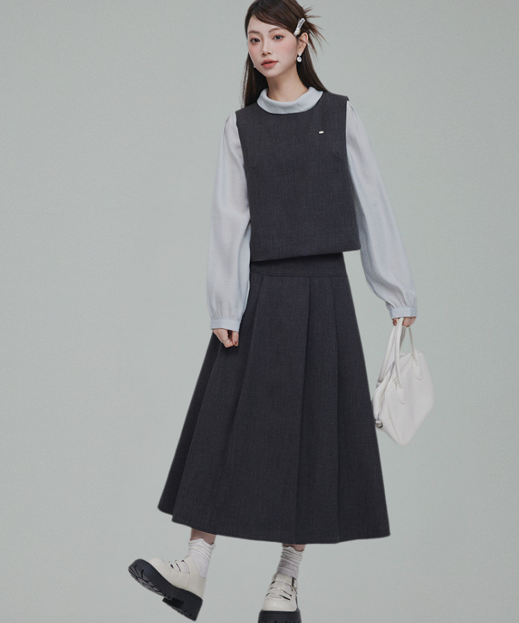 バックリボンブラウス＋無地ノースリーブベスト＋フレアタックスカート 3点セット