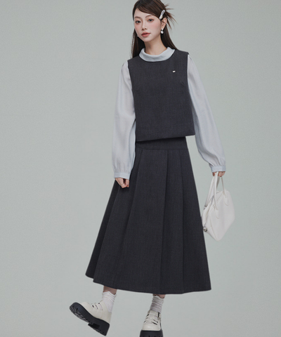 バックリボンブラウス＋無地ノースリーブベスト＋フレアタックスカート 3点セット