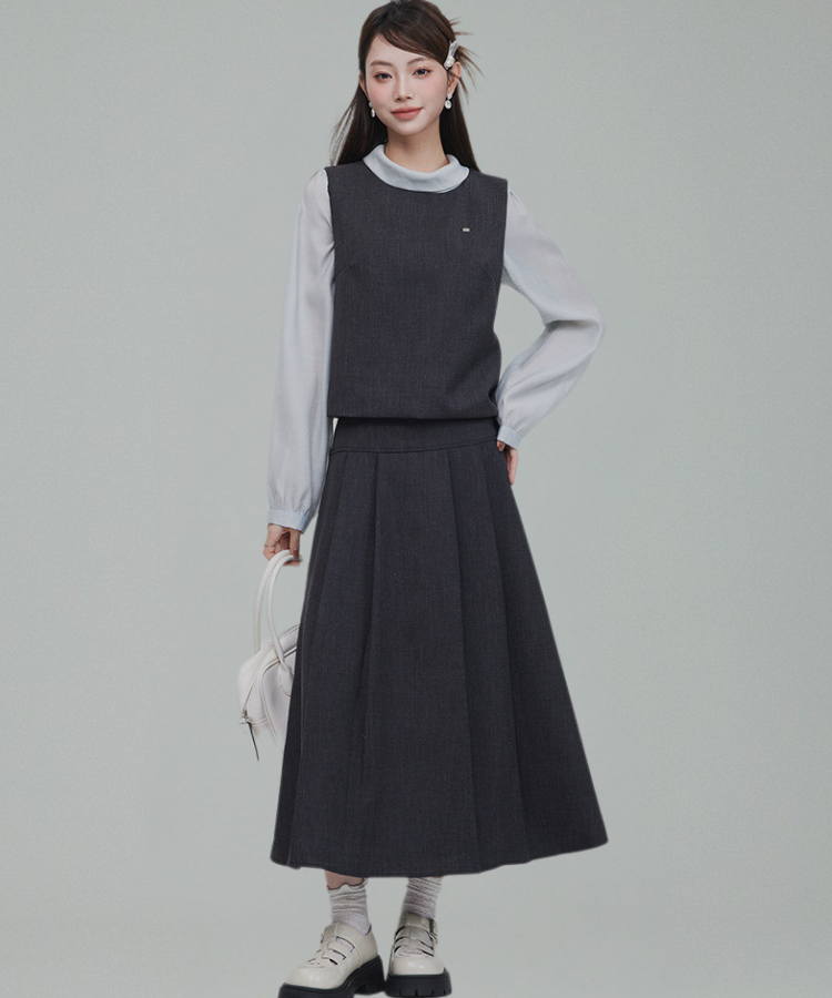 バックリボンブラウス＋無地ノースリーブベスト＋フレアタックスカート 3点セット