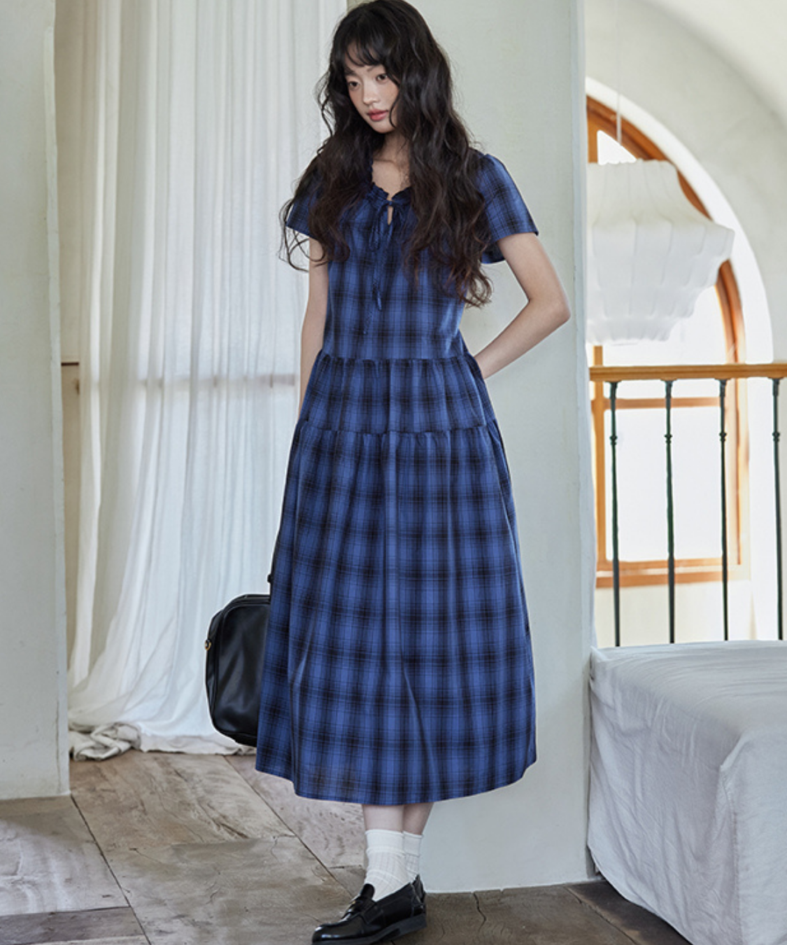 チェック柄ギャザーフリルネックティアードワンピース