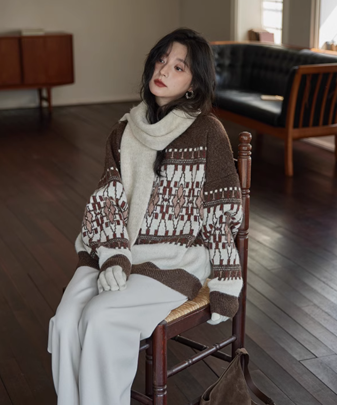 レトロアーガイルラウンドネックセーター