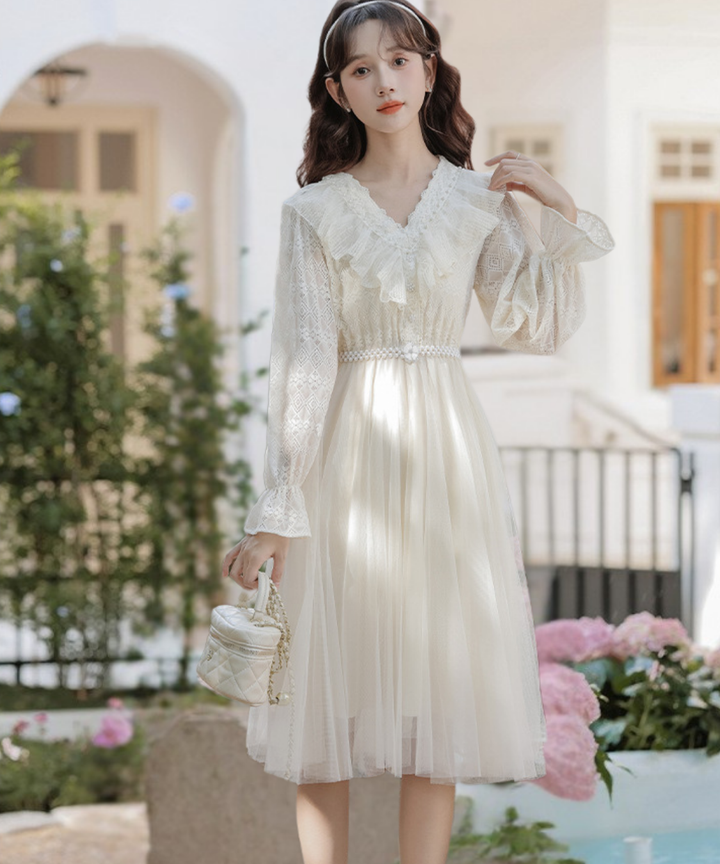 ラッフルカラーレース長袖パールベルトワンピース – jemiremi ラッフルカラーレース長袖パールベルトワンピース – jemiremi