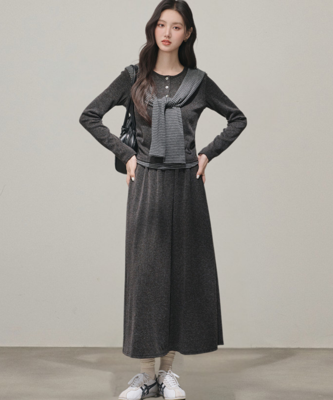 ヘンリーネックニット＋ロングスカート＋フード付きボーダーショール 3点セット