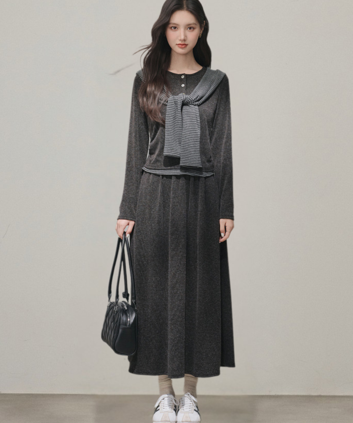 ヘンリーネックニット＋ロングスカート＋フード付きボーダーショール 3点セット