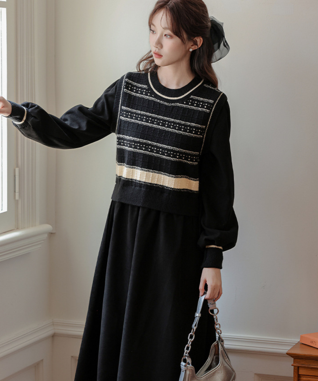 デザインボーダーニットベストドッキングワンピース – jemiremi