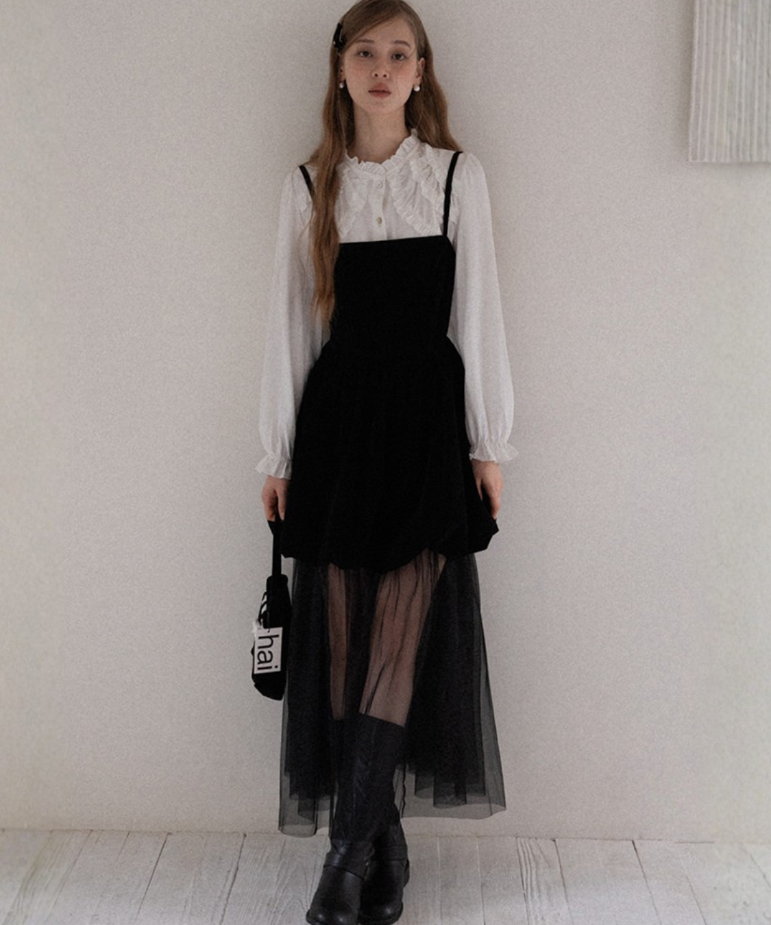 ベロア切替チュールスカートレイヤードキャミワンピース