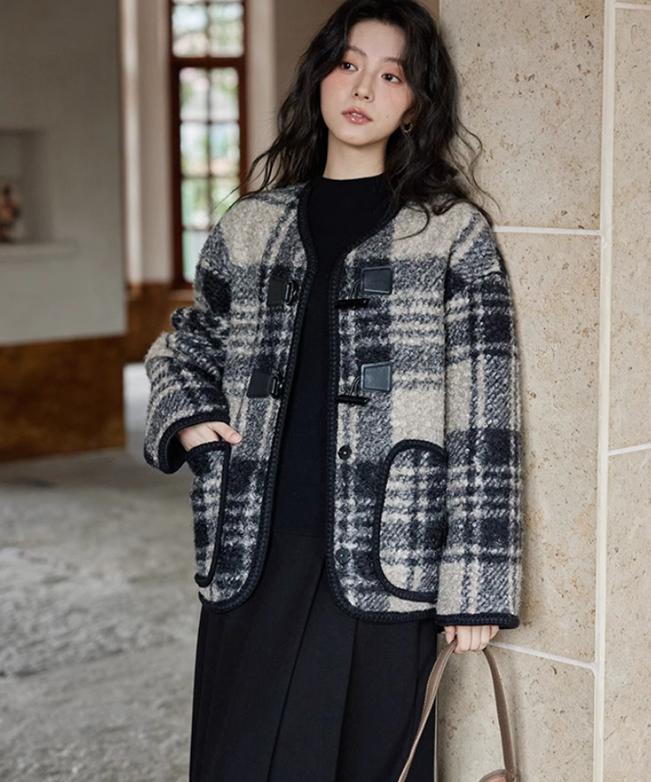 ノーカラーパイピングデザインチェックジャケット – jemiremi