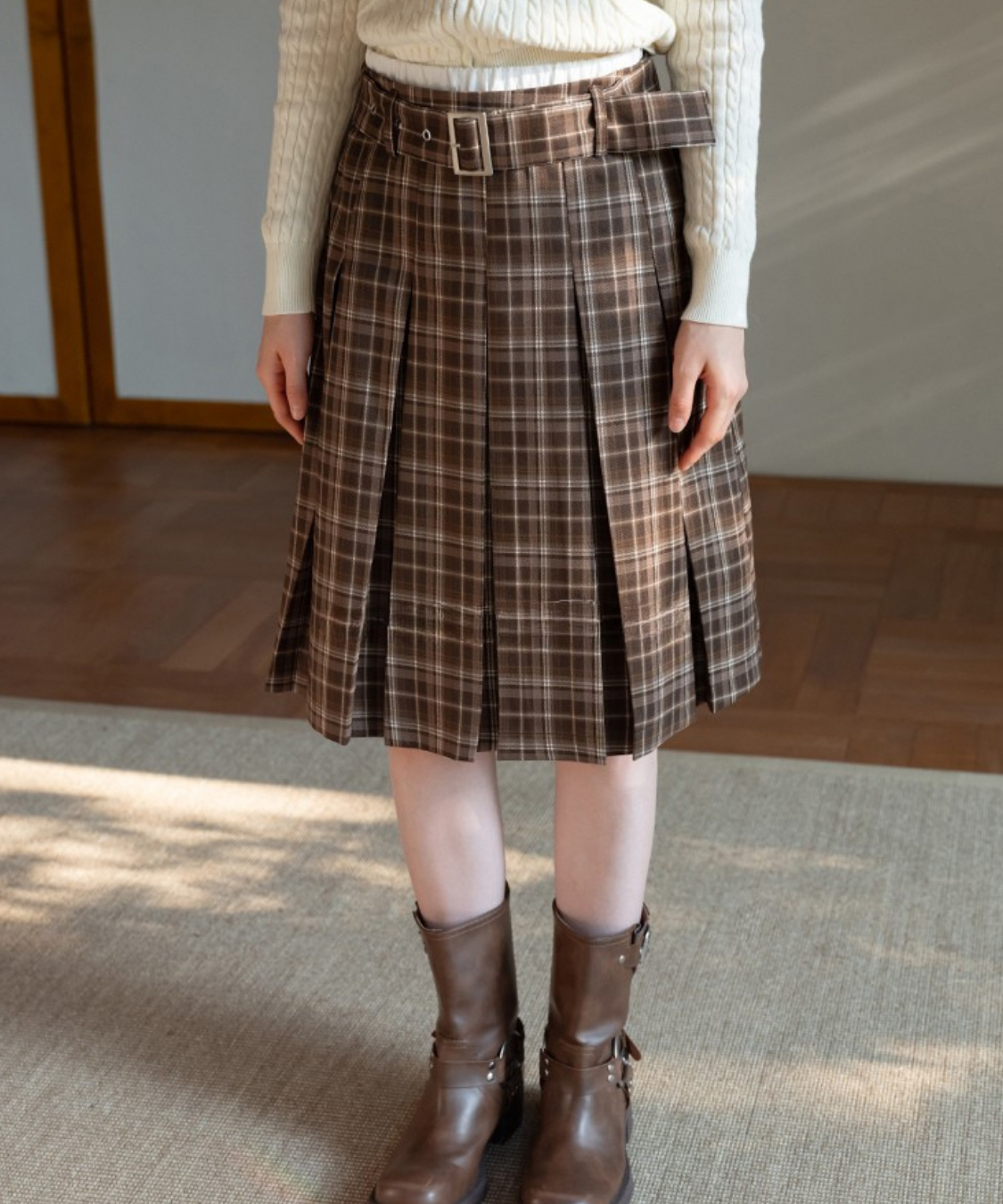 ベルト付きチェック柄ボックスプリーツスカート