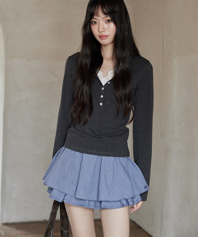 ギンガムチェック二段フリルスカート（セットアップ可）