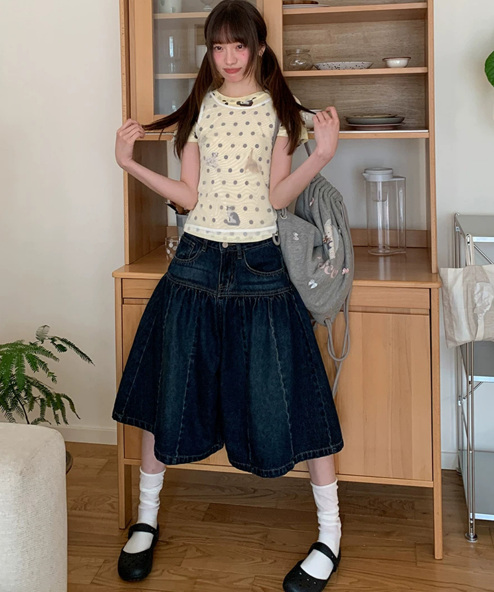 キャピタル KAPITAL 異素材　切替　デニム　キュロットパンツ　リネン ギャザー切り替えデニムキュロットパンツ – jemiremi（ジェミレミ）