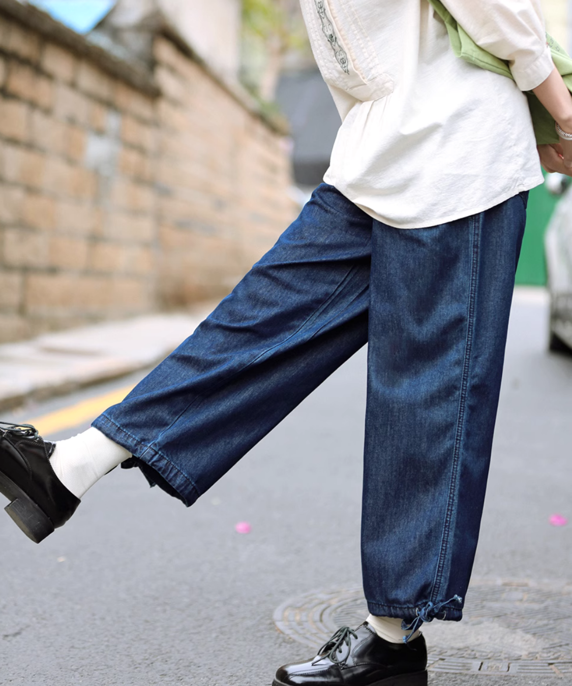 9分丈裾ドロストデニムパンツ
