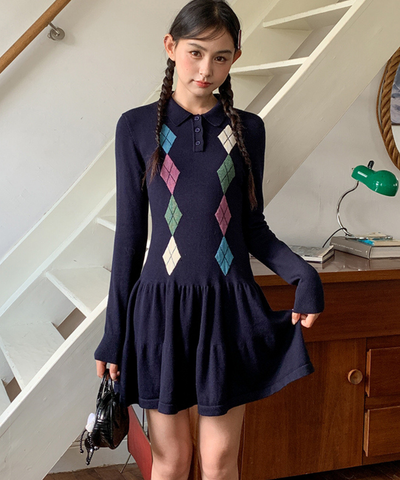 ポロ襟アーガイル柄ニットワンピース – jemiremi（ジェミレミ）
