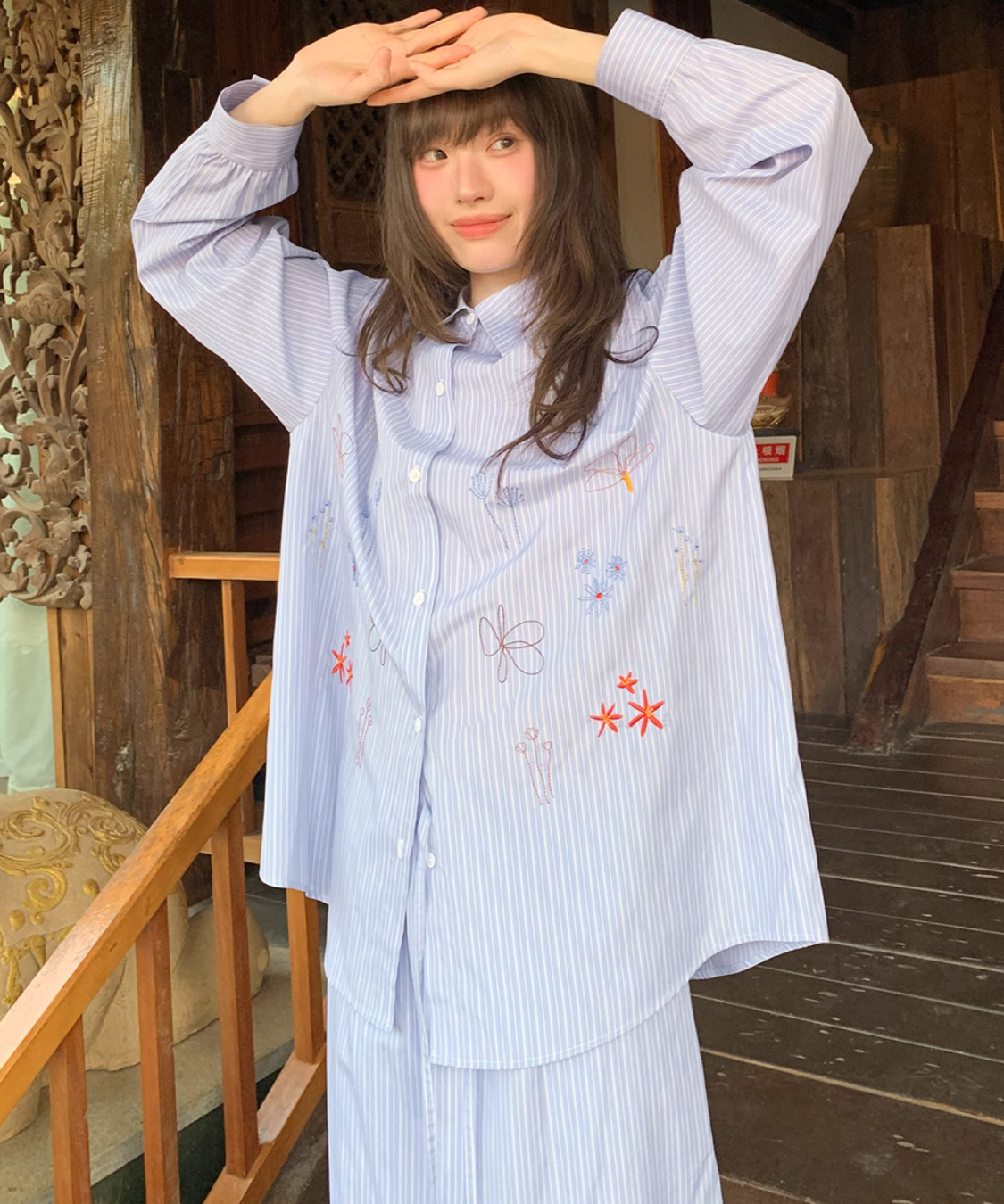 ストライプ刺繍シャツ＋ロングスカート 2点セット