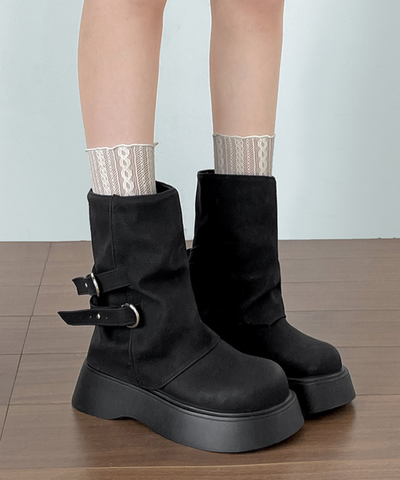 フェイクレザーダブルベルトミドルブーツ