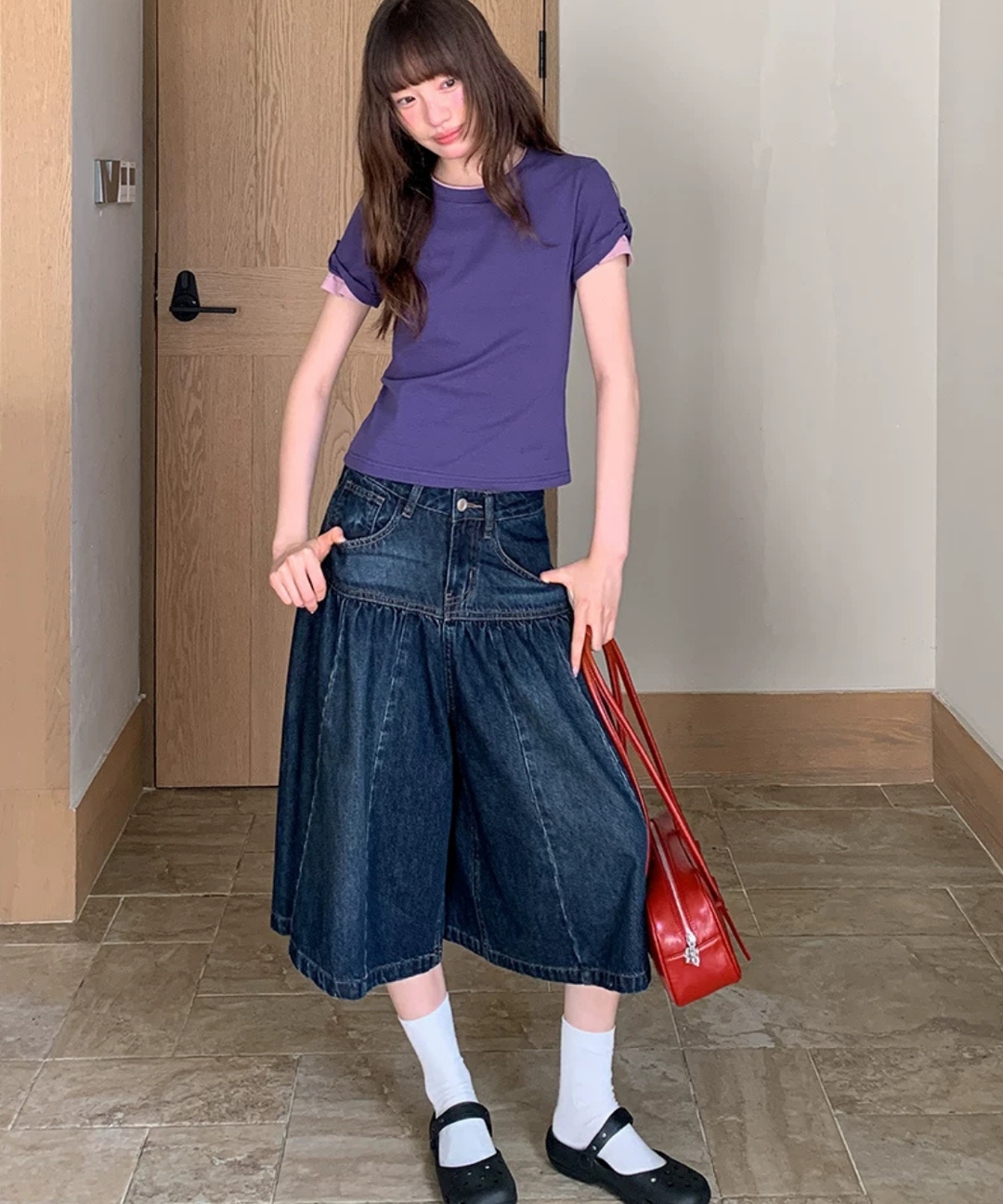 キャピタル KAPITAL 異素材 切替 デニム キュロットパンツ リネン