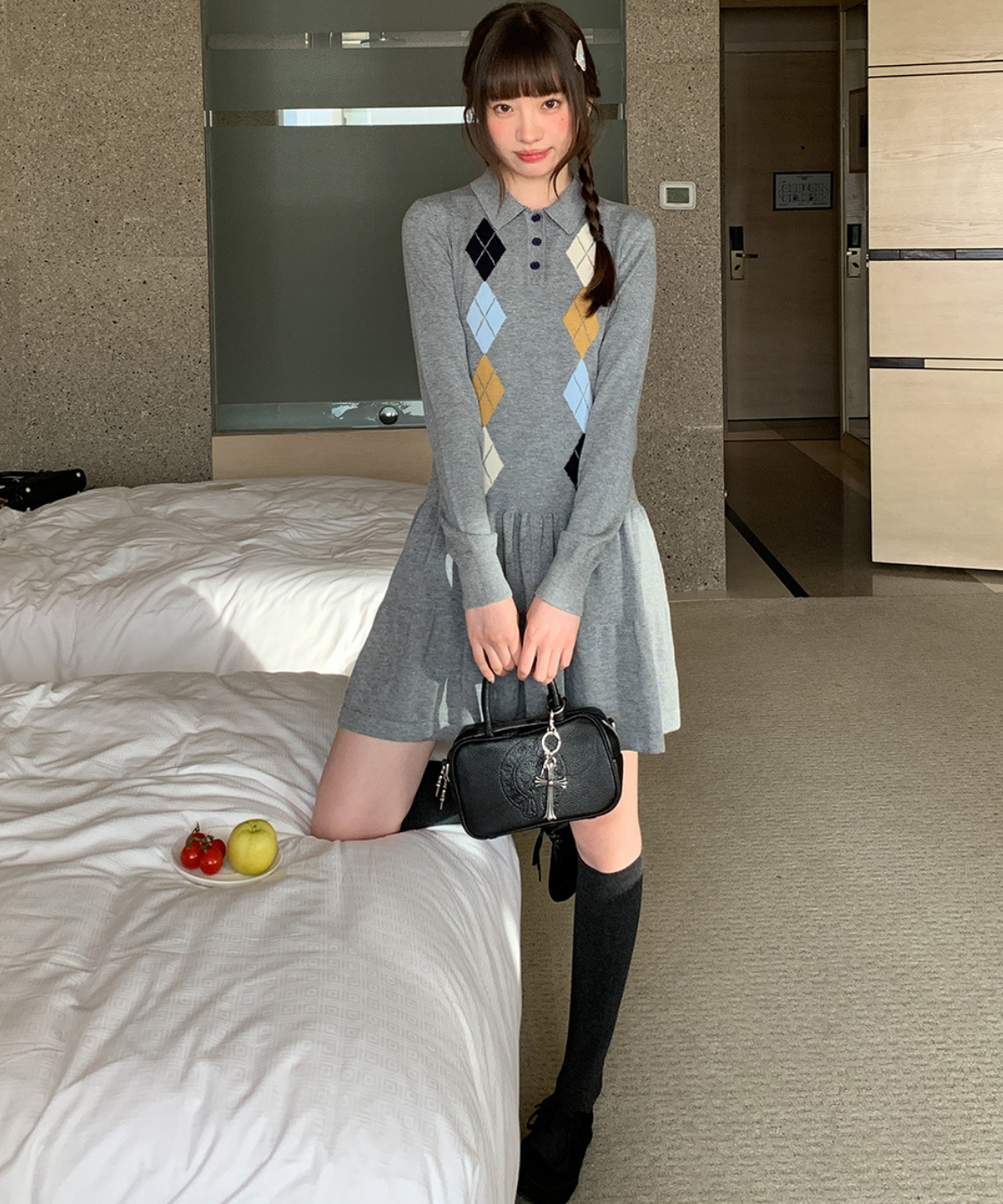 ポロ襟アーガイル柄ニットワンピース