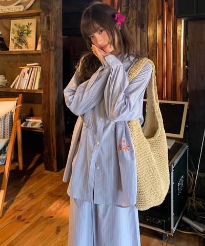 ストライプ刺繍シャツ＋ロングスカート 2点セット
