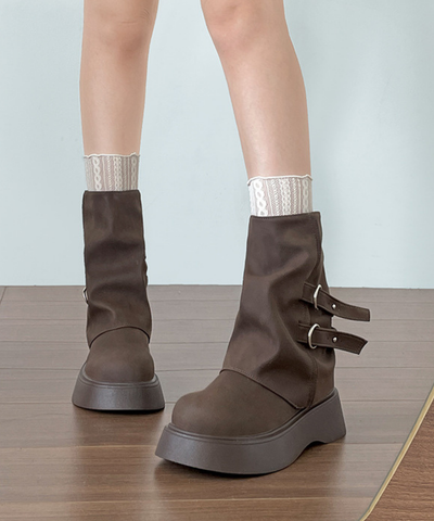 フェイクレザーダブルベルトミドルブーツ