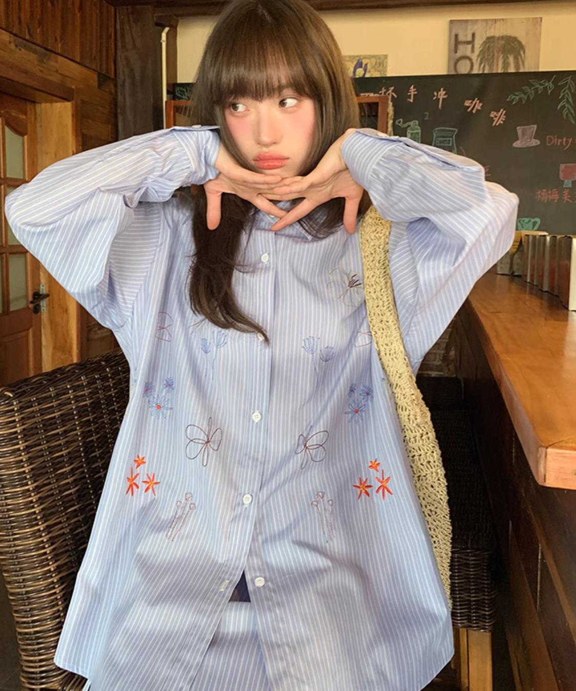 ストライプ刺繍シャツ＋ロングスカート 2点セット