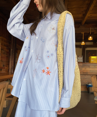 ストライプ刺繍シャツ＋ロングスカート 2点セット