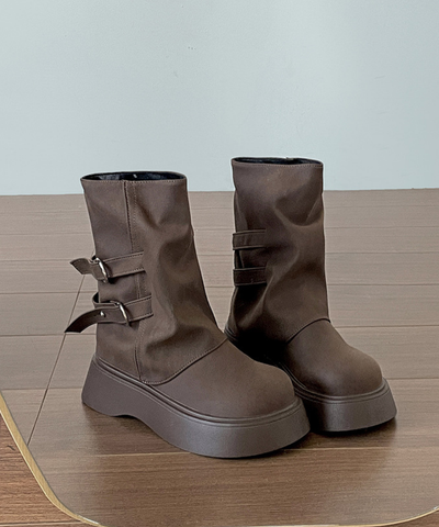 フェイクレザーダブルベルトミドルブーツ