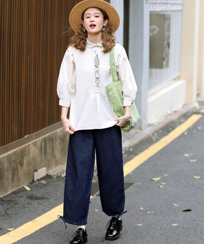 9分丈裾ドロストデニムパンツ