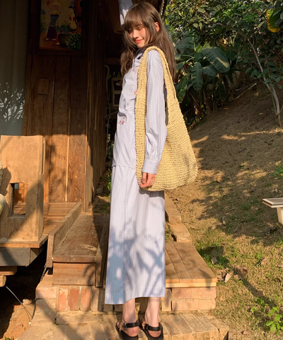 ストライプ刺繍シャツ＋ロングスカート 2点セット