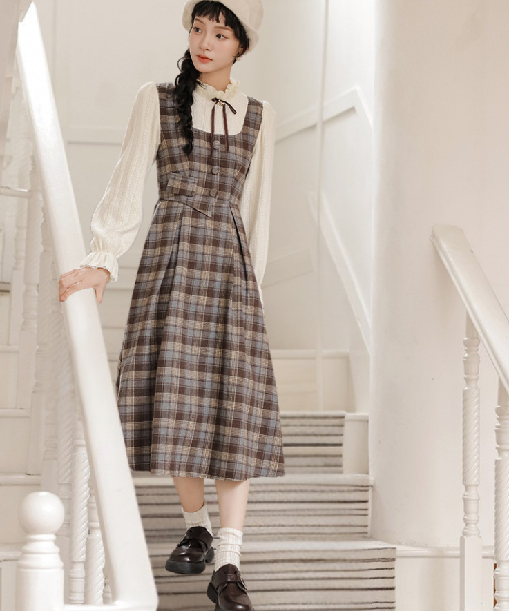 フリルハイネックチェック柄フェイクレイヤードワンピース