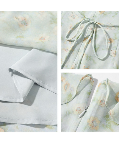 フリルスリーブ胸元リボン付きワンピース