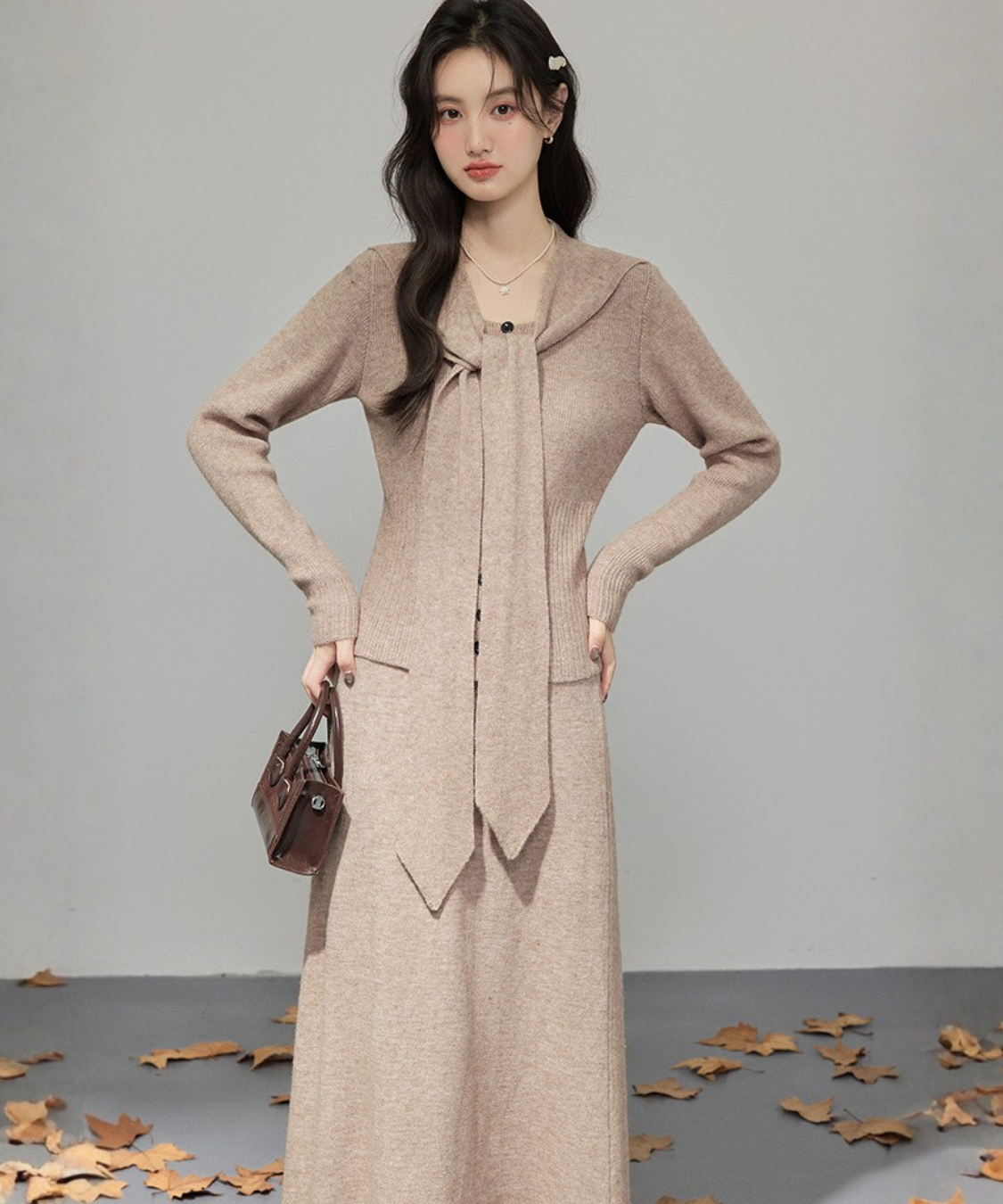 取り外しリボンタイセーラーショール付ニット＋スカート 2点セット