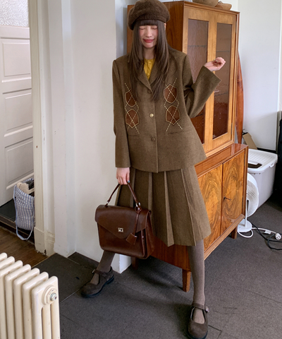 アーガイル刺繍ジャケット＋ボックスプリーツスカート 2点セット