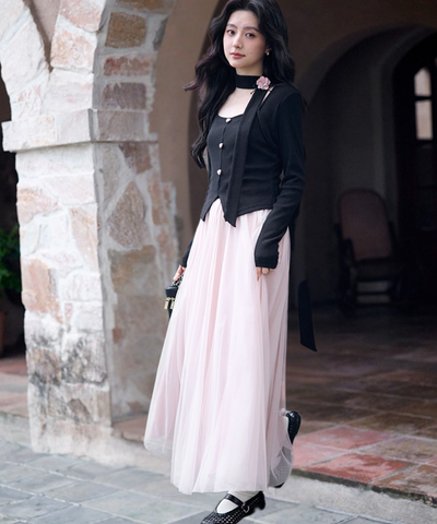 ネックリボンチュール切替ワンピース