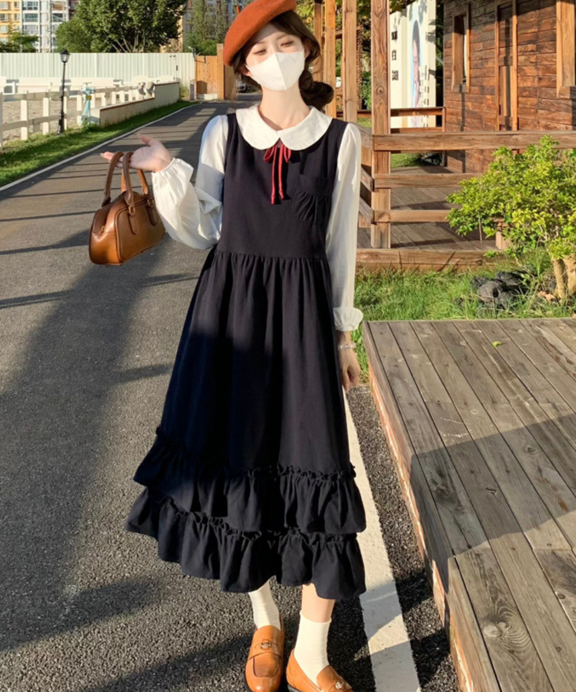 細リボンタイ付きブラウス＋ティアードフリルジャンパースカート 2点セット