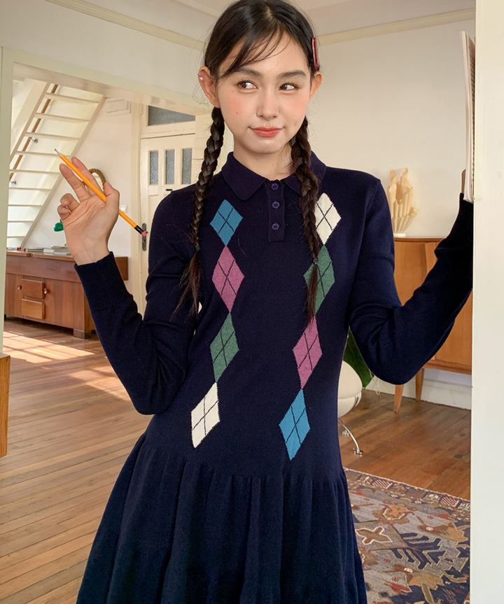 ポロ襟アーガイル柄ニットワンピース – jemiremi（ジェミレミ）