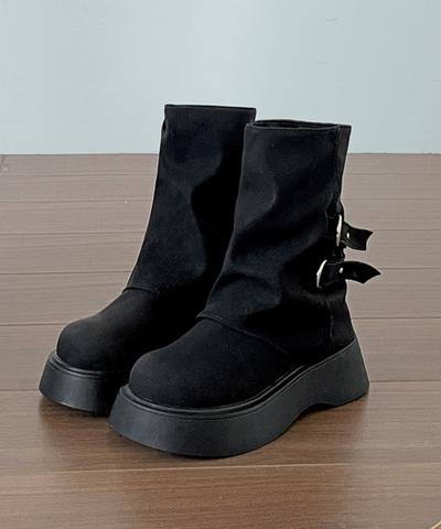 フェイクレザーダブルベルトミドルブーツ