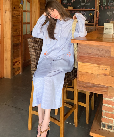 ストライプ刺繍シャツ＋ロングスカート 2点セット