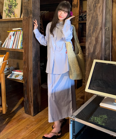ストライプ刺繍シャツ＋ロングスカート 2点セット