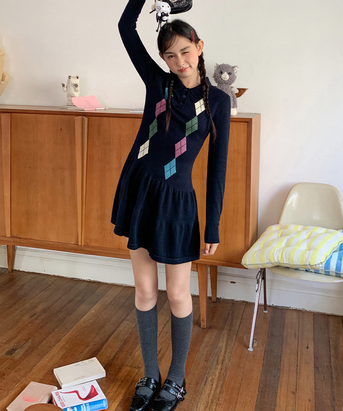 ポロ襟アーガイル柄ニットワンピース