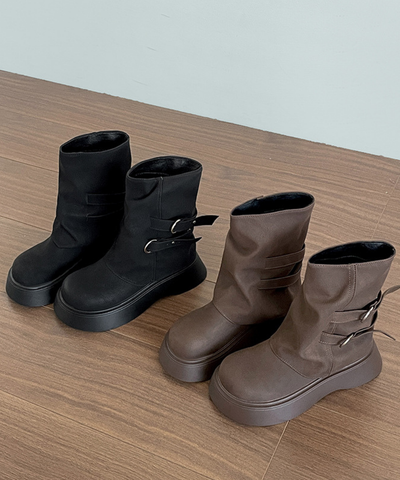 フェイクレザーダブルベルトミドルブーツ